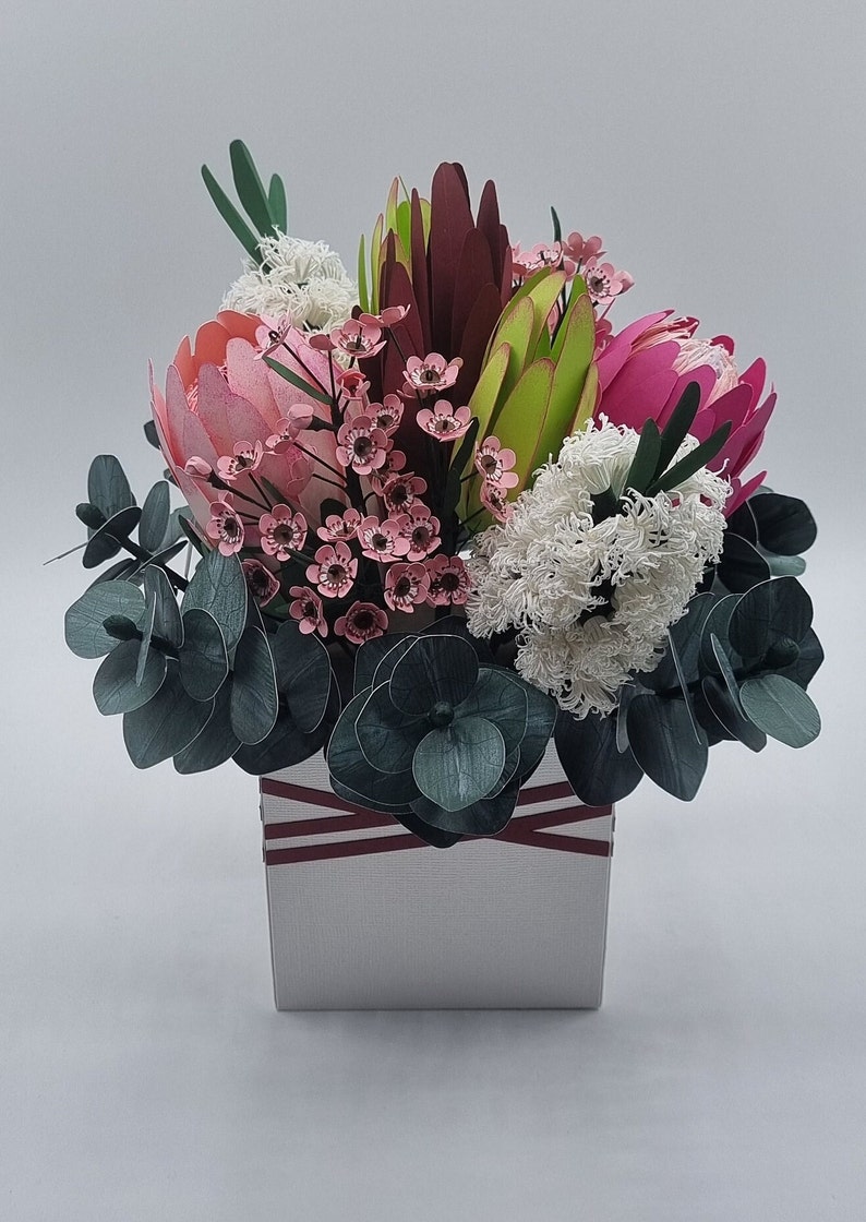 Paper Flower bouquet box Handmade Proteas Bottle brush wax flowers Eucalyptus flower arrangement Birthday gift Anniversary flowers image 4