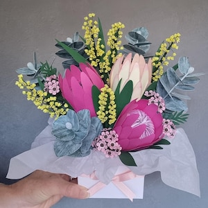 Handmade Rustic Paper Flower Bouquet – Protea, Eucalyptus, Solidago & Wax Flowers in Gift Box