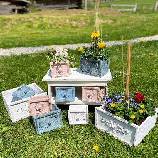 Schubladen zum bepflanzen versch. Farben Vintage Shabby Deko Garten Blumen Pflanzbox Pflanzenkästen Landhaus
