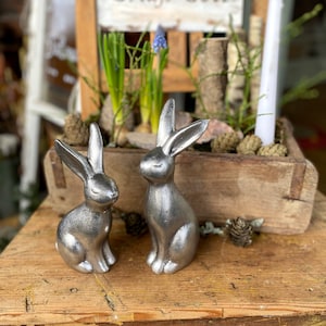 Può includere: Due statuine di coniglio argentate sedute su una superficie di legno. I conigli sono rivolti in avanti con gli occhi chiusi.