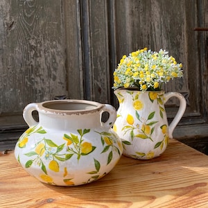 Può includere: Due vasi in ceramica bianca con un design di limoni e foglie. Uno è un vaso rotondo con due manici, l'altro è una brocca. Entrambi hanno un aspetto invecchiato. La brocca contiene fiori gialli. Aspetto rustico e invecchiato.