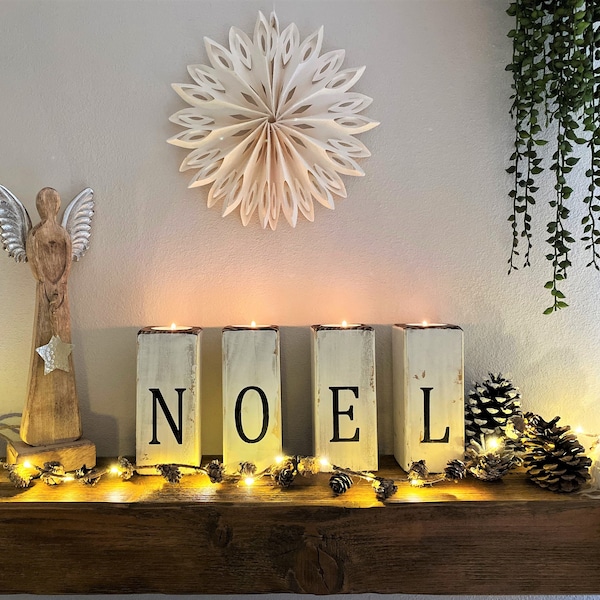 Teelichthalter Kerzenständer Holz Noel Deko Weihnachten Shabby Vintage