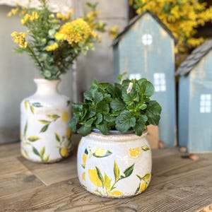 Può includere: Due vasi in ceramica con disegni di limoni e foglie. Un vaso contiene fiori gialli, l'altro una pianta verde. I vasi sono su una superficie di legno. Sullo sfondo ci sono due piccole decorazioni blu a forma di casa.