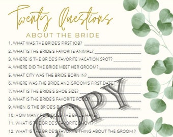 May include: A printable bridal shower game with twenty questions about the bride. The game is designed with a white background and green eucalyptus leaves.