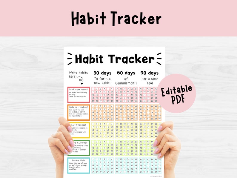 May include: A white habit tracker with the title "Habit Tracker" in black. The tracker includes sections for 30, 60, and 90 days, with space to write habits and track progress. The words "Editable PDF" are in a pink circle.