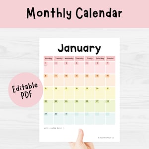May include: A printable monthly calendar for January, featuring a colorful design with pastel hues. The calendar includes days of the week and dates, with space for notes. The words "Monthly Calendar" and "January" are at the top, and "Editable PDF" is on the left.