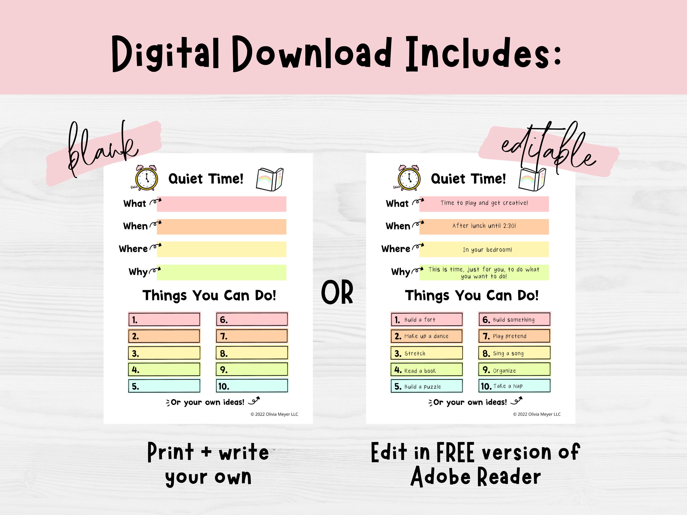 Quiet Time Chart Kids Daily Schedule Idea Printable PDF - Etsy