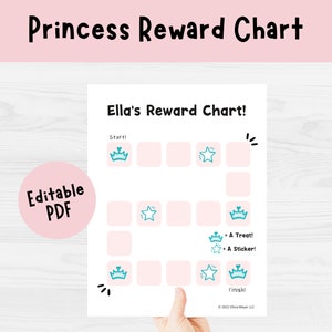 May include: A white reward chart with the text "Princess Reward Chart" at the top. The chart includes the text "Ella's Reward Chart!" and has spaces for rewards, with crown and star icons. The words "A Treat!" and "A Sticker!" are also included.