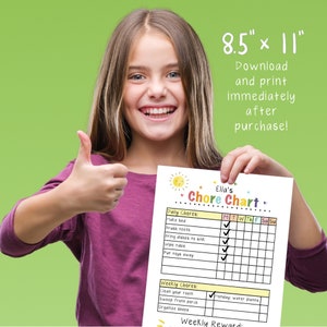May include: A chore chart, 8.5" x 11", held by a smiling person. The chart has a colorful design with the text "Ella's Chore Chart." It lists daily and weekly chores with checkboxes. The text "Download and print immediately after purchase!" is also visible.
