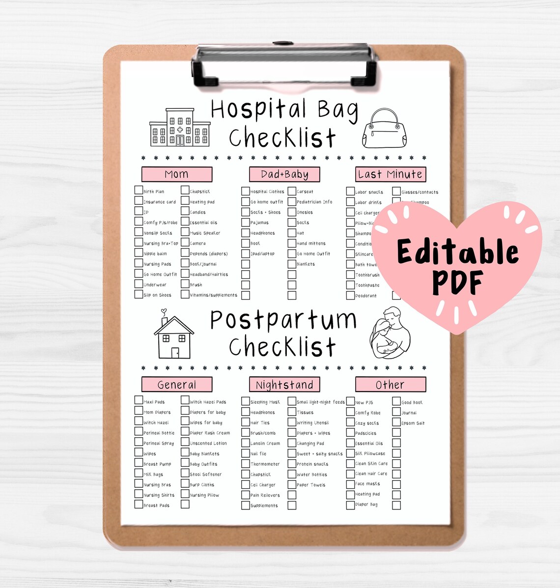 Hospital Bag Checklist Postpartum Supplies List Birth Plan Etsy