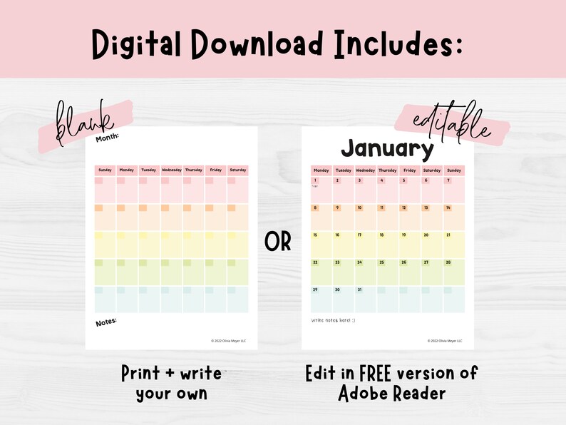 Printable Calendar Blank Calendar Printable Cute Calendar - Etsy
