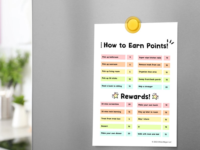 May include: A white chore chart titled "How to Earn Points!" and "Rewards!" is held in place by a gold magnet. The chart lists tasks and point values, such as "Pick up bathroom" and "30 mins screentime."