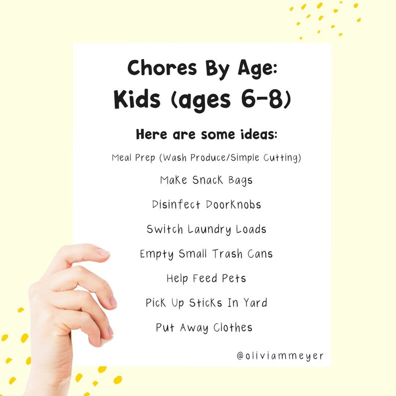 May include: A white paper with the text "Chores By Age: Kids (ages 6-8)" and chore ideas like "Meal Prep" and "Make Snack Bags". The paper is held by a hand against a yellow background with yellow dots.