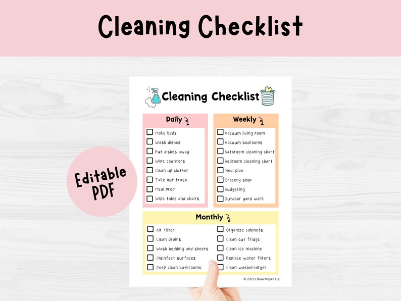 Cleaning Checklist | Daily, Weekly, Monthly Chart (editable PDF) - Etsy