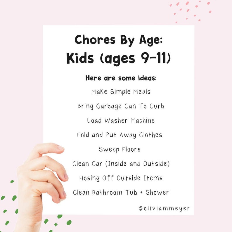 May include: A white paper with the text "Chores By Age: Kids (ages 9-11)" and chore ideas like "Make Simple Meals" and "Clean Bathroom Tub + Shower". The paper is held by a hand against a pink background with green dots.