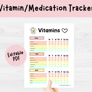 May include: A printable Vitamin/Medication Tracker with the text "Vitamin/Medication Tracker" at the top. The tracker includes sections for Mom, Dad, and Jade, with a weekly schedule. The words "Editable PDF" are also visible.
