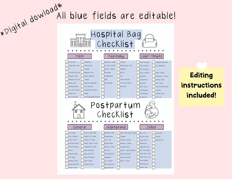 Hospital Bag Checklist Postpartum Supplies List Birth Plan Etsy