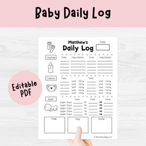 May include: A black and white baby daily log with the text "Baby Daily Log" at the top. The log includes sections for feedings, diapers, sleep, meds, play, and notes. The words "Editable PDF" are also present.