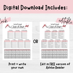 Op de afbeelding: Een digitale download met twee workout checklists. E&eacute;n is leeg, de andere is bewerkbaar. De checklists zijn roze en wit, met vakken voor dagelijkse oefeningen. Tekst bevat "Workout Checklist" en "Digital Download Includes:"