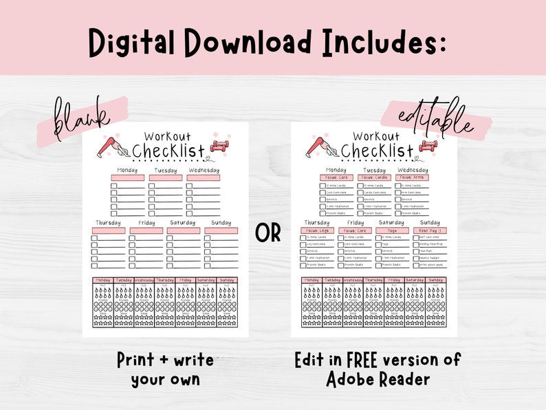Op de afbeelding: Een digitale download met twee workout checklists. E&eacute;n is leeg, de andere is bewerkbaar. De checklists zijn roze en wit, met vakken voor dagelijkse oefeningen. Tekst bevat "Workout Checklist" en "Digital Download Includes:"