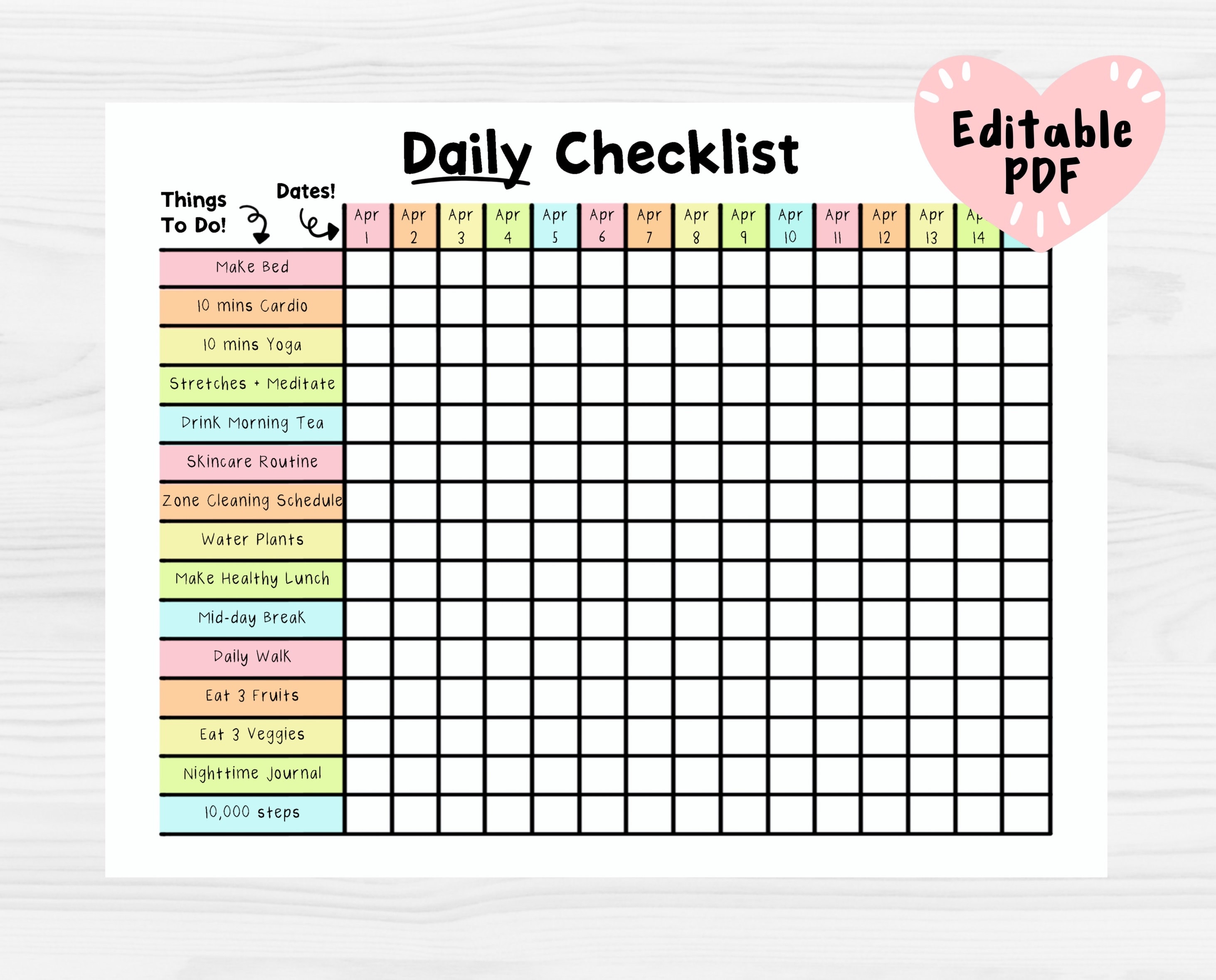 Daily Checklist Template Editable PDF Etsy