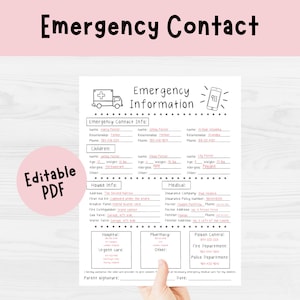 Emergency Contact Information | Emergency contact sheet, babysitter info sheet, emergency contact form, nanny