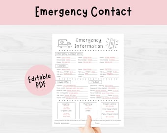 Emergency Contact Sheet | Babysitter Info, Nanny (Editable PDF)