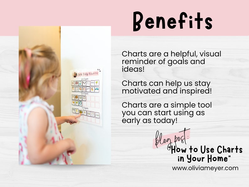 May include: A child points to a colorful daily routine chart on a white surface. The chart includes illustrated icons and text. The image also features the word "Benefits" and text about the benefits of using charts. The blog post title "How to Use Charts in Your Home" is also visible.