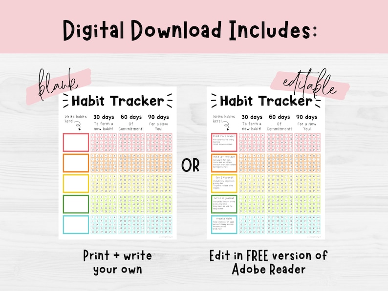 May include: A digital download featuring two habit tracker designs. One is blank, ready to print and write on, and the other is editable in Adobe Reader. Both trackers include spaces for 30, 60, and 90-day habit tracking, with colorful boxes.