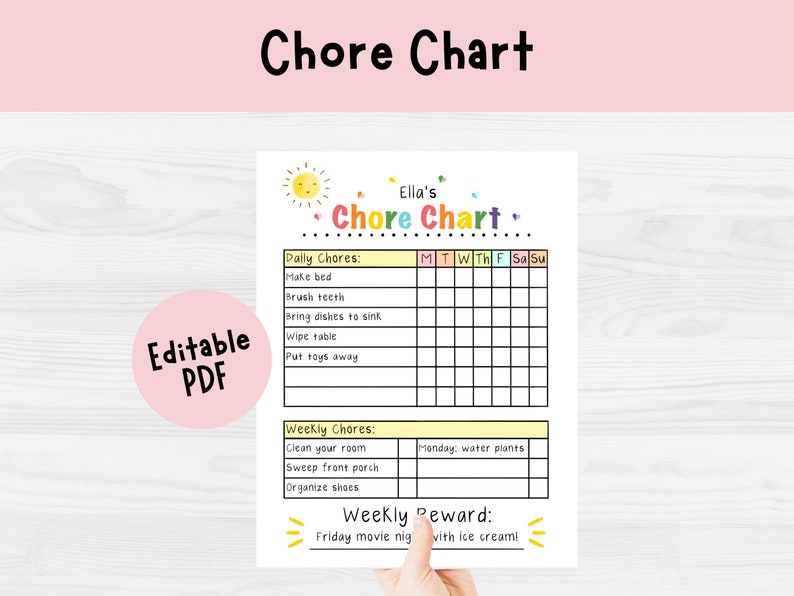May include: A colorful chore chart with the title "Chore Chart" at the top. The chart includes daily and weekly chores, with a section for a weekly reward. The words "Editable PDF" are also visible.