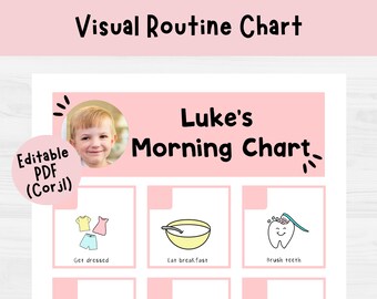 May include: A pink and white visual routine chart with the text "Visual Routine Chart" at the top. The chart includes a photo of a child and the words "Luke's Morning Chart." Below are illustrations for "Get dressed," "Eat breakfast," and "Brush teeth."