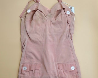 Vintage 1940s 50s Nylon Satin Coral Bathing Suit AS IS swimwear swimsuit hip pocket