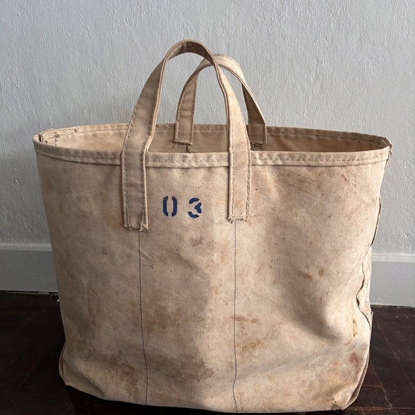 Vintage Tote Bag Coal White Blue Stenciled Sturdy