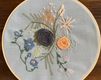 Handmade Blue Floral Embroidery Hoop - 10"