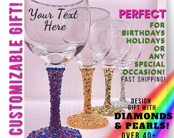 13oz Custom Text Bling Gift Wine Glass Giftbox | Rhinestone Bling Stem Wine Glass Gift | Birthday Glass Customizable Diamond Glam Wine Glass