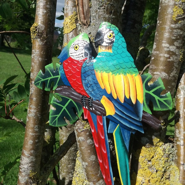 Metal Parrot Lovebirds Wall Hangers Handmade From Recycled Oil Drums in Haiti, Great Gift For The Home. Pretty Parrot Outdoor Wall Art Decor