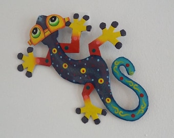 Wall Hanging Metal Gecko With Glasses Caribbean Iron Art Handmade From Recycled Steel Drums Indoors Outdoors With Hook On Back Made In Haiti