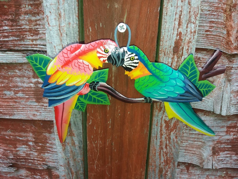 Handmade Metal Parrot Lovebirds, Haitian Steel Drum Garden Decor image 1