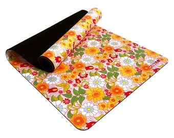 Retro Floral Pattern Yoga Mat in 60s Style | Non-Slip Suede Finish, Eco-Friendly Material, 72" x 24" x 5mm