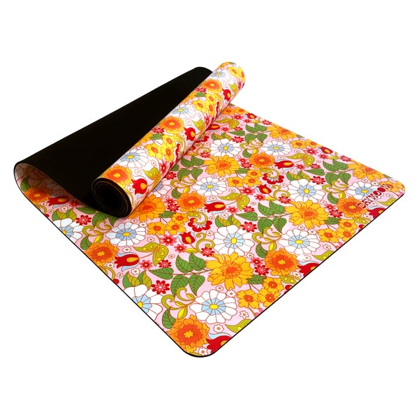 Retro Floral Pattern Yoga Mat in 60s Style | Non-Slip Suede Finish, Eco-Friendly Material, 72" x 24" x 5mm