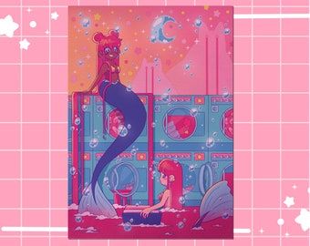 Mermaid Laundry Day Anime Art Print: Kawaii Illustration