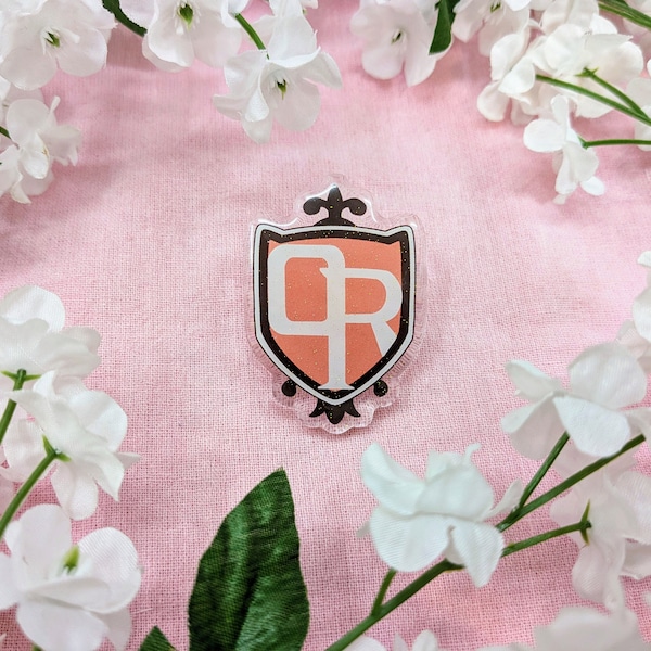 OHSHC Anime Acrylic Pin with Glitter Epoxy - Ouran High School Host Club Uniform School Crest Pin with Pink Rubber Heart Clutch