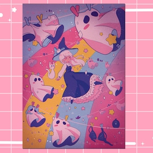 Cute Witch Girl with Ghosts Anime Illustration, Anime Poster, Anime Prints, Kawaii Art Print, Kawaii Decor, Illustration Print