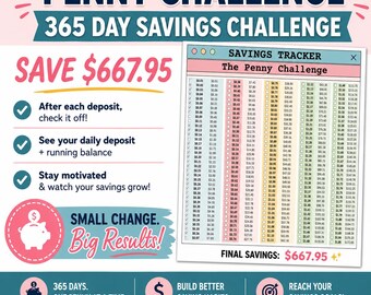 Penny Savings Challenge Tracker, Save 667.95 Dollars, Printable PDF (Instant Digital Download)