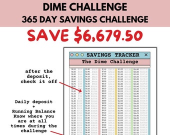Dime Savings Challenge Tracker, Save 6679, 365 Day Money Saving Challenge: Fun and Easy Way to Achieve Your Savings Goal, Printable Tracker