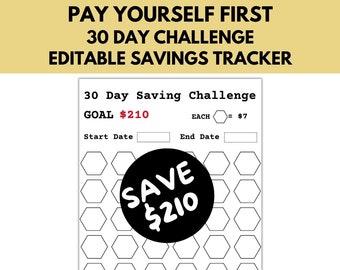30 Day Savings Challenge, Editable Tracker, Printable Money Savings Challenge Tracker, Pay Yourself First, Financial Goals, Save 210