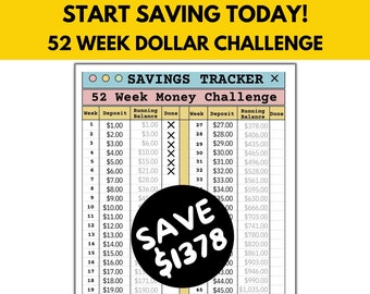 Printable 52 Week Savings Challenge Tracker, Money Challenge, Save 1378, Money Saving Challenge Printable Tracker, Savings Goal