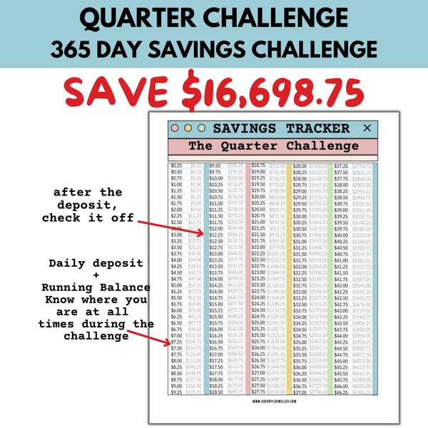 Money Savings Challenge Tracker, Quarter Savings Challenge Printable Tracker, Save 16698, Savings Goal Digital Tracker, 365 Day Challenge