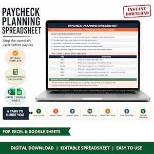 Könnte beinhalten: Ein Laptop zeigt eine "Paycheck Planning Spreadsheet" mit Text und einem Tabellenlayout. Das Bild enthält Symbole für eine editierbare Vorlage, automatische Berechnungen und Excel/Google Sheets-Kompatibilität. Der Text lautet "Sofort-Download."