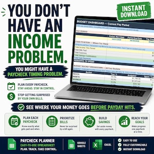 Könnte beinhalten: Ein Laptop zeigt ein Budget-Dashboard mit Finanzdaten. Der Text auf dem Bildschirm enthält "Budget Dashboard" und "Pay Period". Das Bild wirbt für einen Gehaltsabrechnungsplaner mit Funktionen wie einfach zu bedienenden Tabellenkalkulationen und sofortigem Download.